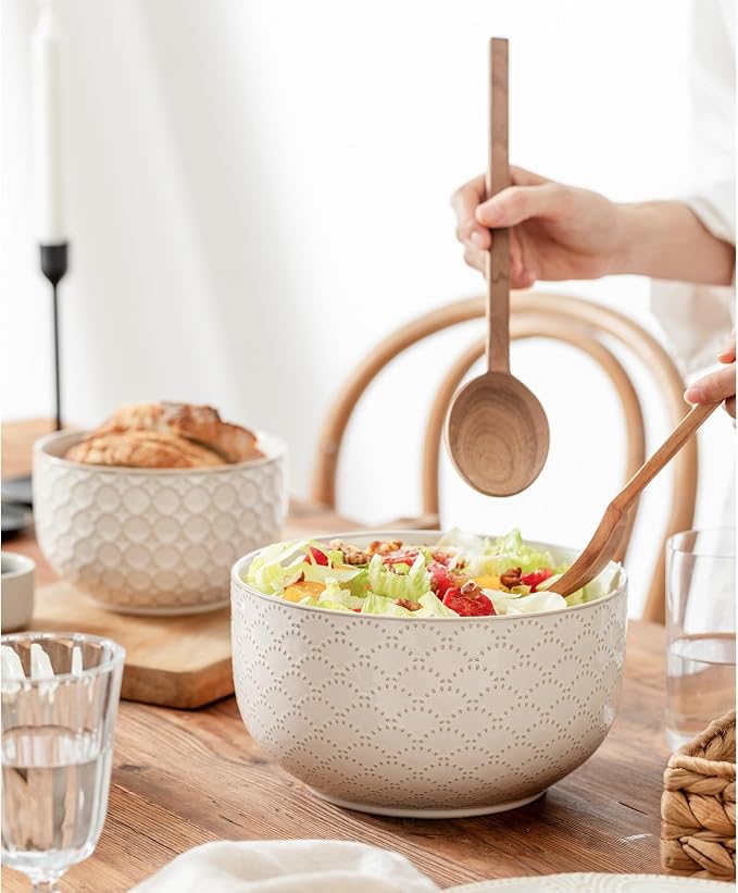 Mikiegy Ceramic Mixing Bowls Set of 2, Nesting Ceramic Embossment Stoneware Mixing Bowls for Cooking, Serving, Popcorn, Salad etc, Microwave & Dishwasher Safe, 44/98 oz, Off-White
