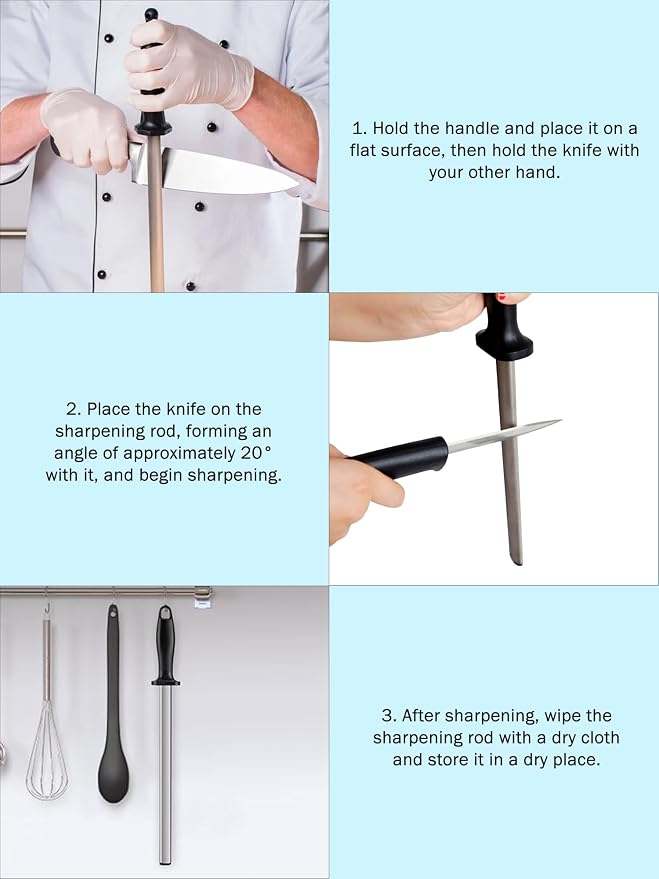 Knife Sharpener Rod, 8 Inch Diamond Sharpening Steel, Kitchen Honing Rod Knife Sharpening Tool for Home Kitchens and Restaurants