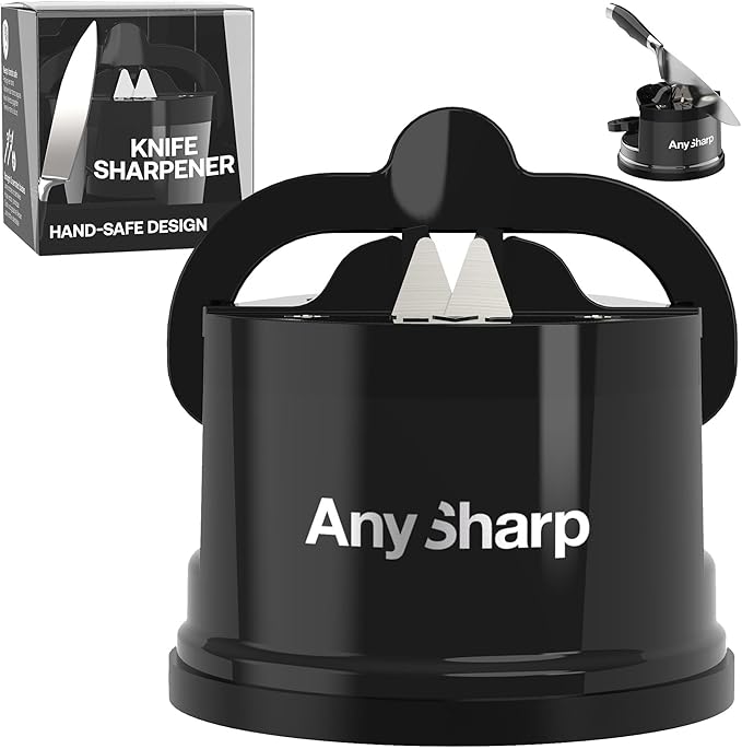 AnySharp – Global – Hands Free Knife Sharpener - Easy to Use Sharpening Tool with PowerGrip Suction Base and 20-Degree Pre-Set Angle - for All Knives: Chef's, Serrated, and Hardened Steel - Black