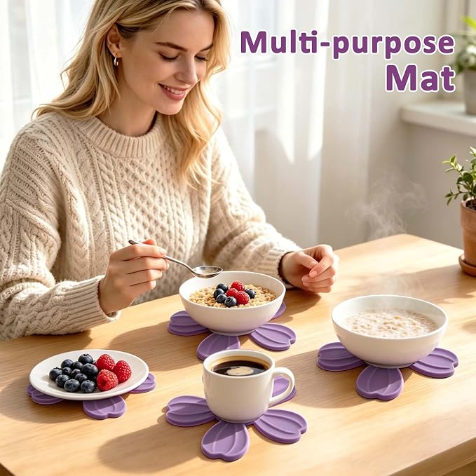 4-piece Silicone Trivet Mat - Non-Slip & Heat Resistant Kitchen Hot Pads for Table & Countertop, Multifunctional Mats can Hold Coffee, Plates, and Various Ornaments, (Purple)