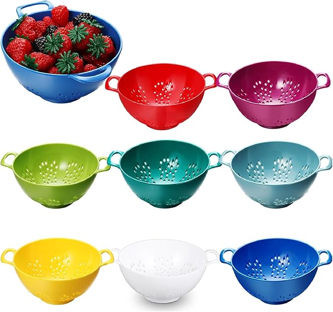 Baderke 8 Pcs Mini Colander Plastic Small Fruit Strainer with Double Handles Berry Colanders mini Fruits Strainers Bowl for berries Vegetable Kitchen, Assorted Colors