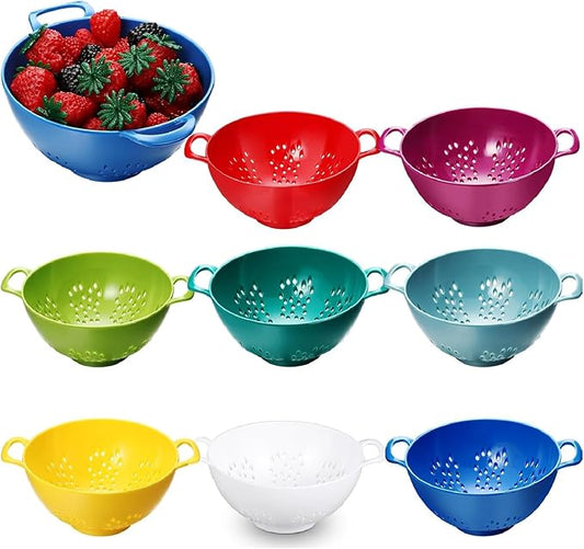 Baderke 8 Pcs Mini Colander Plastic Small Fruit Strainer with Double Handles Berry Colanders mini Fruits Strainers Bowl for berries Vegetable Kitchen, Assorted Colors