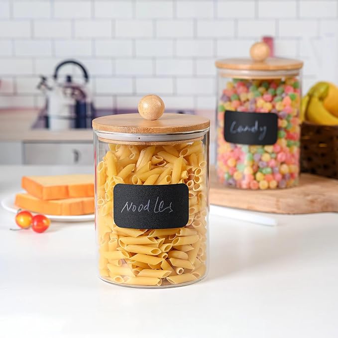 Le'raze Set of 2 Glass Canisters for Kitchen Counter with Airtight Bamboo Lids + Marker & Labels - 68oz. Large Cookie Jars Wooden Lid, Food Storage Containers Pantry, Flour, Sugar, Pasta, Candy.