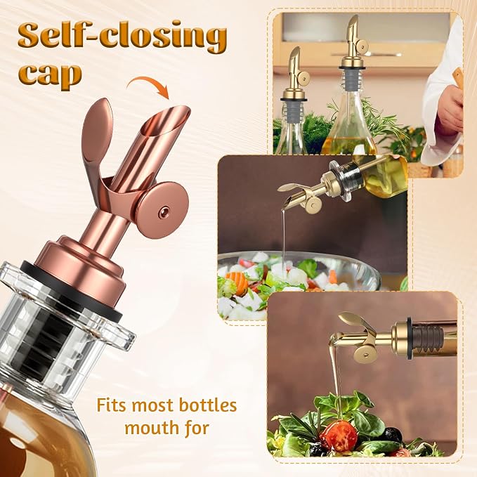 2 PCS Olive Oil Spout, Olive Oil Dispenser Spout, Stainless Steel Weighted Bottle Pourers, Self-Closing Liquor Pour Spouts for Oils, Vinegar, Syrup, And Alcohol, Rose Gold