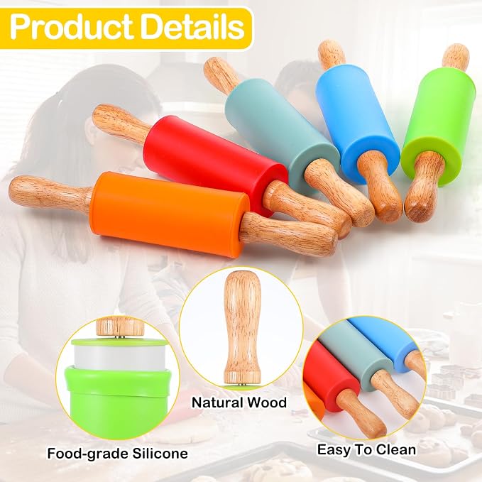 10Pcs 9 Inch Mini Rolling Pins, Non-Stick Silicone Rolling Pins with Wooden Handle, 5 Colors for Baking Cookies, Dough, Fondant & Craft Clay