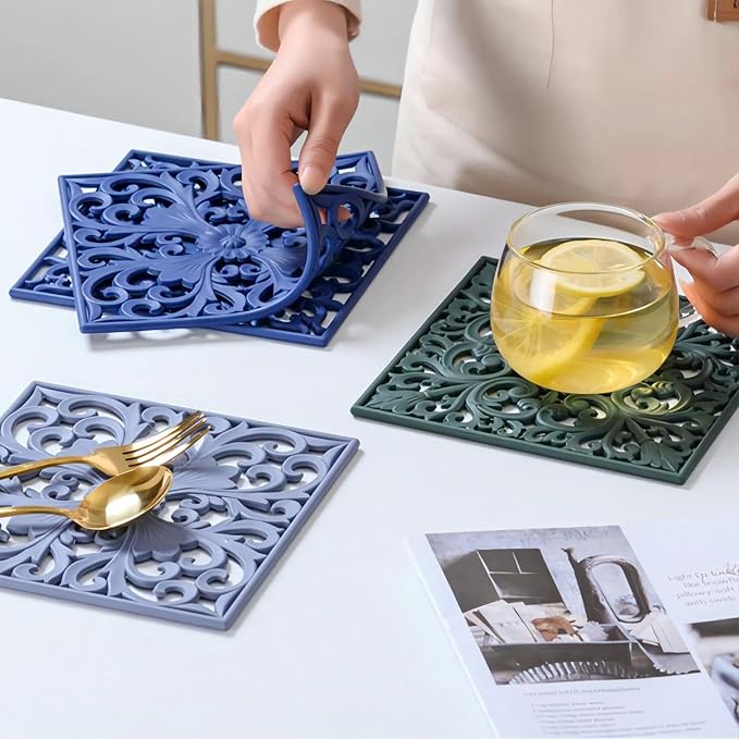 Trivets for Hot Dishes, Square Silicone Trivet Hot Pads for Kitchen Counter, Silicone Trivets for Hot Pots and Pans, Heat Resistant Mat for Quartzs, Kitchen Tabletops Pot Holder Set 3 Grey