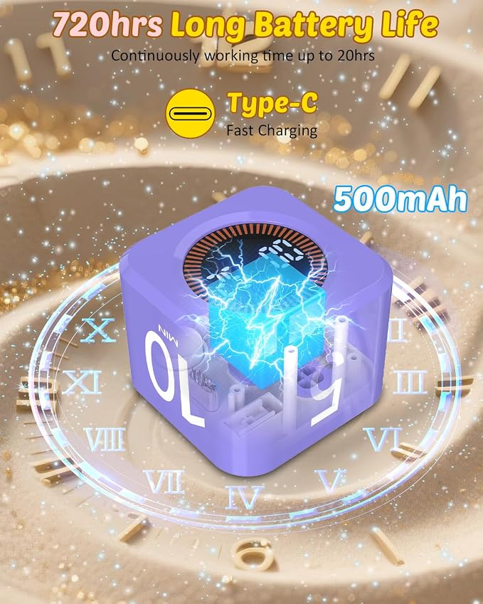 Digital Pomodoro Timer Cube 5/10/25/50min, Visual Productivity Flip Timer for Kids Classroom Desk, Custom Countdown, Silent and Sound Mode for ADHD Study Work Game Kitchen (Purple)