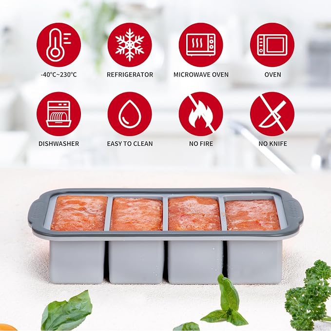 Extra Large Silicone Cube Freezing Trays with Lid - 1 Cup Portions, Makes Four Great Soup, Broth, Sauce or Butter Trays - 2 Pack, Grey