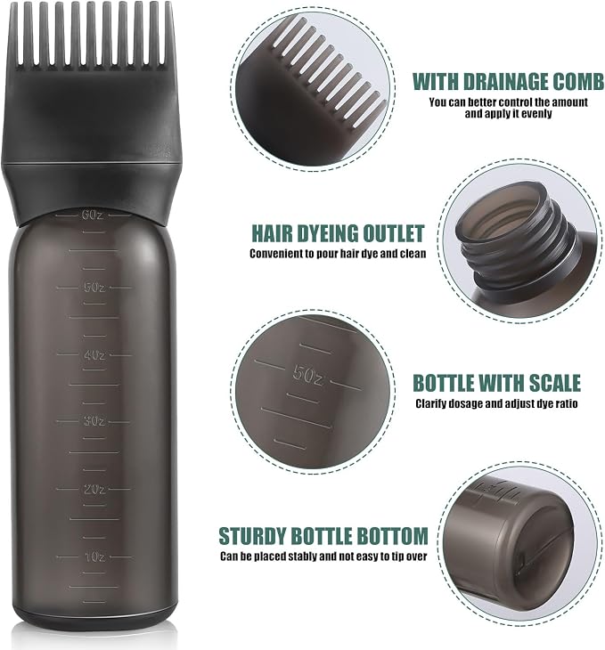 Pimoys 6Oz Root Comb Hair Dye Oil Applicator Bottles for Scalp, Black | Plastic Squeeze Bottle Dispenser with Graduated Scale, Comb Tip Applicator For Hair Coloring Scalp Oiling, Home Salon Use