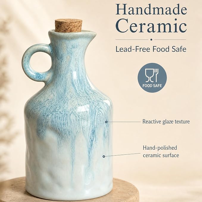 Blue White Ceramic Olive Oil Dispenser Bottle with Cork Stopper 13.5Oz | Reactive Glaze Texture Oil Bottle, Leak Proof Small Spout,Great for Storing Vinegar, Wine, Soy Sauce, Lemon Juice