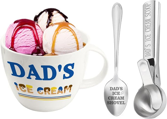 Dad Gifts, Fathers Day Birthday Gifts for Dad from Daughter Son, Dad's Ice Cream Bowl Scoop Shovel Spoon Set, Ice Cream Present for Daddy Him Man