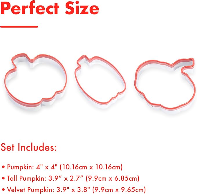 3Pcs Pumpkin Cookie Cutters Set, Includes Classic, Tall & Velvet Pumpkin Shapest, Halloween & Thanksgiving Biscuit Cutters, Coated with Soft Rubber for Protection