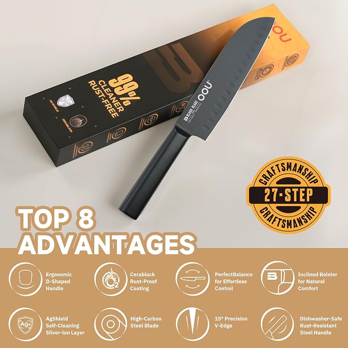 OOU® Black Blade 7 Inch Santoku Knife with AgShield™ & Cerablack™ Technology, Rust-Resistant & Easy-Clean Finish, Japanese Style Hollow Edge for Dicing & Mincing