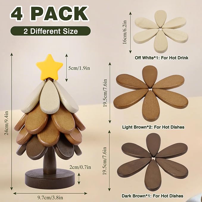 Wooden Tree Trivets for Hot Dishes,Tree Shape Coaster Set of 4 for Hot Pot Pans, Wood Trivet for Bowls Teapots Drinks Plates, Home Table Decor(Walnut Wood)