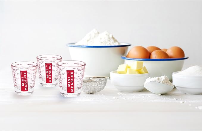 Kolder Mini Measure Multi-Purpose Shot Glass, Heavyweight Glass, Red, Set of 3, For Liquid And Dry Ingredients And Precise Recipe Prep