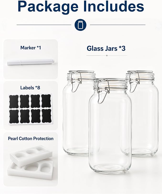 OneDream 78oz Glass Jars with Airtight Lid, 3 Pack Large Glass Storage Jars | Airtight Clamp Lids, Leak Proof, Wide Mouth, Thick Glass, Food-Grade, BPA-Free, Pantry Organization, with Labels & Marker