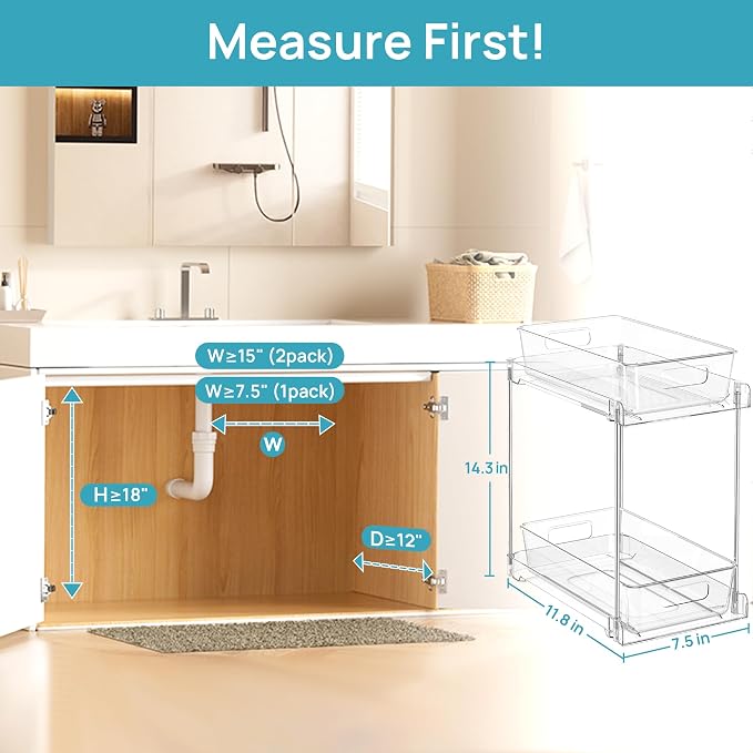 Vtopmart 4 Pack Taller Pull Out Bathroom Under Sink Organizer (S-Higher) | Slide-out drawers, Multi-purpose storage, Clear visibility, Easy Set-up