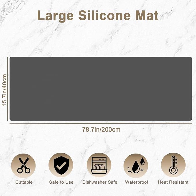 78.7"x15.7"(200cmx40cm) Large Silicone Mats for Countertop, Heat Resistant Mat, Waterproof Nonslip Silicone Kitchen Counter Mat, Nonstick Table Placemat, Multipurpose Mat, Black