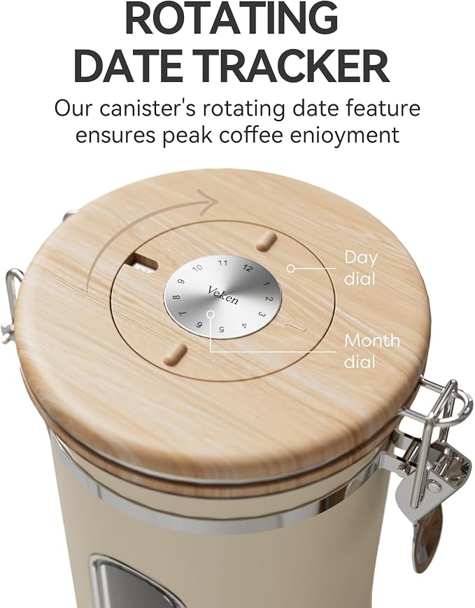 Veken Coffee Canister with Window, Airtight Stainless Steel Container, 22OZ | Gifts For Women, Kitchen Food Storage for Beans,Ground,Espresso,Rice,Tea, Sugar, Cereal, Lids,Jars, Scoop, Cream