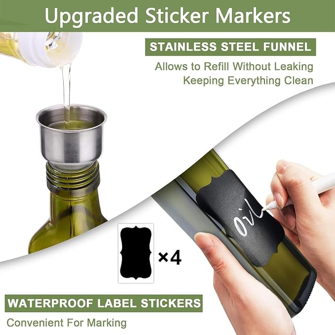 Glass Olive Oil Dispenser and Vinegar Dispenser Set with 2 Stainless Steel Pourers, 4 Labels, 1 Brush and 1 Funnel Oil Bottles for Kitchen (500ml)-Green (Olive Green)