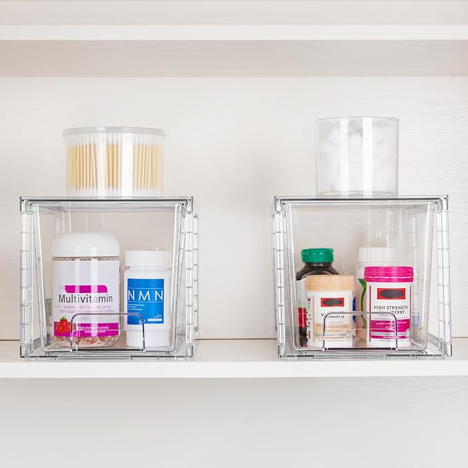 Vtopmart 2 Pack Large Stackable Storage Drawers, Clear | Easily Assemble Acrylic, Bathroom Closet Undersink Organizers, Plastic Bins for Kitchen Cabinets, Pantry, Makeup, Medicine
