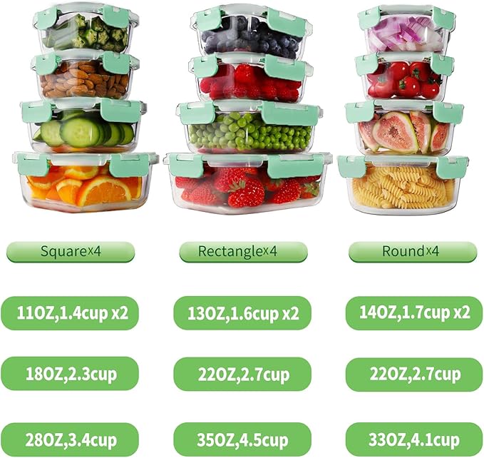 HOMBERKING 24pc Glass Food Storage Containers with Lids, Glass Meal Prep Containers, Airtight Bento Boxes, BPA Free & Leak Proof, Pantry Kitchen Storage(12 lids & 12 Containers) - Blue