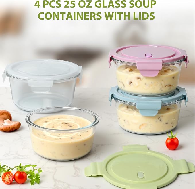 25oz Glass Meal Prep Containers for Food Storage with Airtight Lids, 4 PACK | Leakproof丨Air Vent Lid丨Borosilicate Glass丨BPA-Free丨Soup Lunch Leftovers丨Microwave Oven Dishwasher&Freezer Safe丨Round