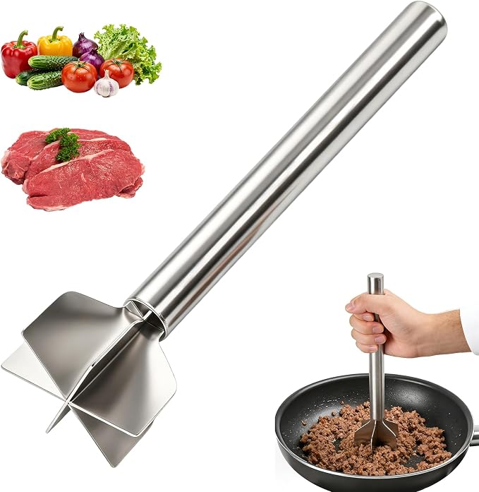 Meat Masher, Stainless Steel 6 Blade Ground Beef Chopper Tool with Long Handle, Masher Shredder for Potato Hamburger Vegetable Puree, Dishwasher Safe