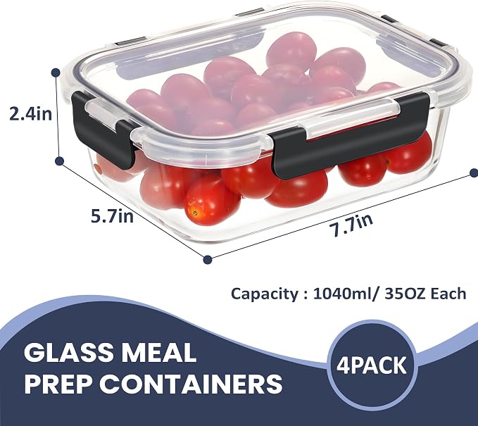 HOTEC 35OZ Glass Food Storage Container, Airtight Glass Lunch Fruit Containers with Lids - Microwave, Oven, Freezer and Dishwasher Safe, 4-PACK