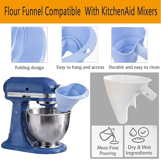 2Pcs Flour Funnel for Kitchen Aid Mixer, Plastic & Silicone Flour Funnel, Stand Mixer Attachment for 4.5–5 Qt Tilt-Head Models(KSM150), Flour & Egg Liquid are Easy to Pour, Dishwasher Safe