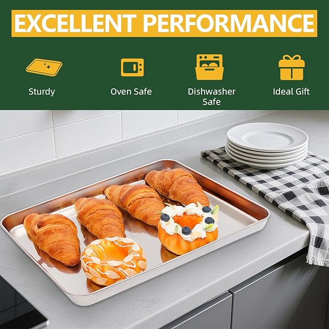 4 PCS Stainless Steel Baking Sheet Set 10/12/16 Inch with Cooling Rack | Heavy Duty Rust Resistant Baking Pans Set, Mirror Finish, Easy Clean, Dishwasher Safe for Oven Baking Roasting