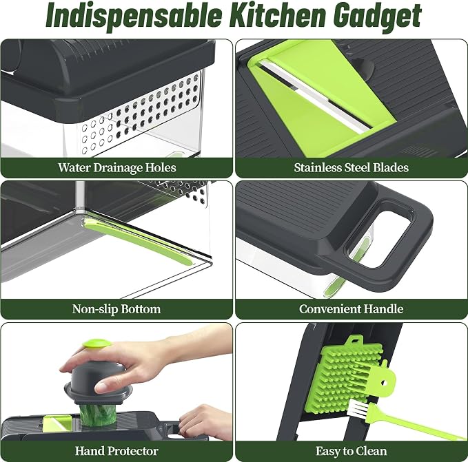 StoreHappily 12-in-1 Vegetable Chopper, 10 Blades Veggie Chopper with Container and Lid, Dicer, Slicer, Multifunctional Kitchen Gadgets, Vegetable Cutter with Handle, Onion Cutter(Green/Grey)