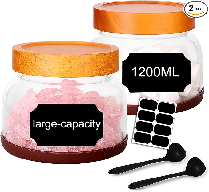 SAIOOL 2-Pack Striped Borosilicate Glass Airtight Canisters - Big mouth Large Capacity, Acacia Wood Lid, Food Storage Jars for Flour, Pasta, Pantry Organization (1200ml Gallon （Strew 2 pack）)