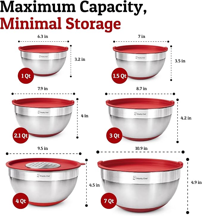 Priority Chef 6Pc Stainless Steel Mixing Bowls with Lids Set, Huge 7 Qrt Size Metal Bowl Set for Kitchen, 3 Graters, Non-Slip Bases & Silicone Utensils Set, Red