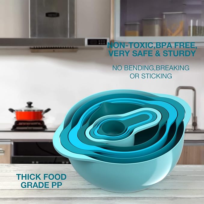 Pantula Mixing Bowls-Plastic Nesting Set of 8, Rv Camper Accessories | Kitchen Gadgets for Apartments Space Saving, Including Measuring Cups Sifter Colander, Easy Storage Cooking Baking, No BPA