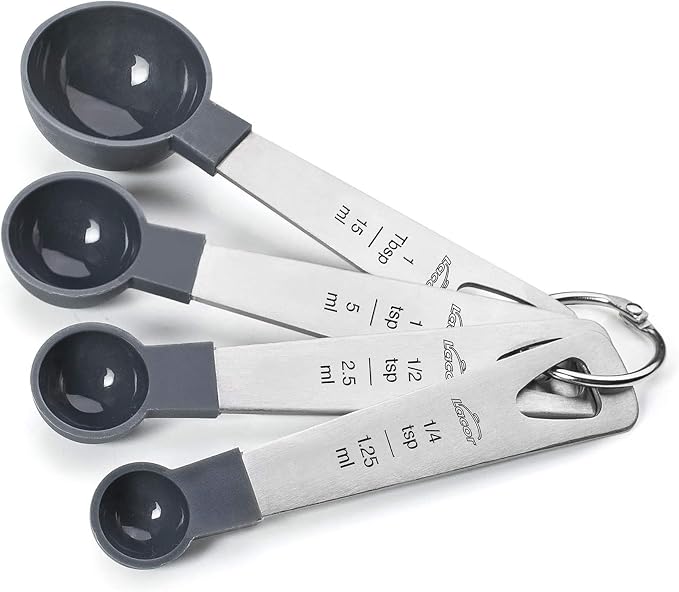 LACOR - 67037 – Set of 4 Measuring Spoons, Liquid and Food Meter, Pastry, Stainless Steel and Polypropylene, Stackable, Measures in ml, Tsp, Tbsp, BPA Free, Dishwasher Safe, Grey