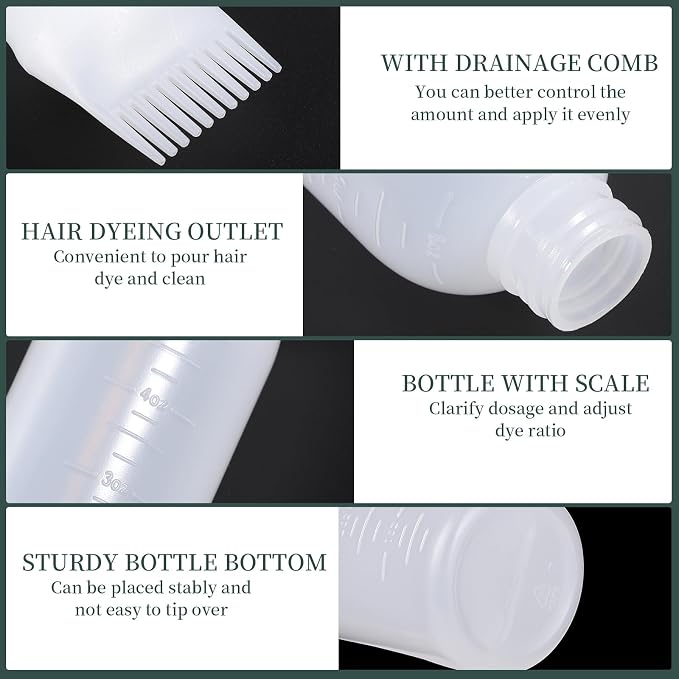Pimoys 6Oz Root Comb Hair Dye Oil Applicator Bottles for Scalp, White | Plastic Squeeze Bottle Dispenser with Graduated Scale, Comb Tip Applicator For Hair Coloring and Scalp Oiling, Home Salon Use