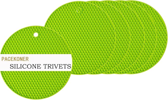 6-Pack Silicone Trivet Mats, Heat Resistant Hot Pads, Dishwasher Safe Kitchen Mats, BPA-Free Pot Holders for Table, Countertop, Stove, Honeycomb Design (Green, 7“ Round)