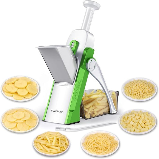 SupMaKin Upgrade Safe Mandoline Slicer, Vegetable Chopper, Potato Slicer 4 Modes Adjustable Thickness Food Cutter, Kitchen Chopping Artifact (6 in 1 Green)
