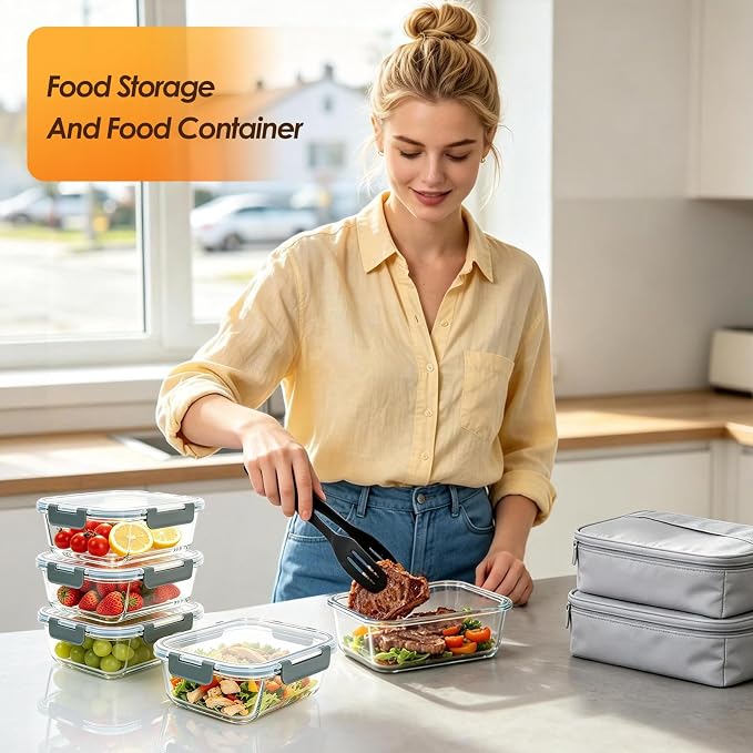 5 Pack 36oz Glass Storage Containers with Lids, Grey | Glass Meal Prep Food Container Sets, Snap Airtight Lid, For Microwave, Oven, Freezer and Dishwasher, BPA Free