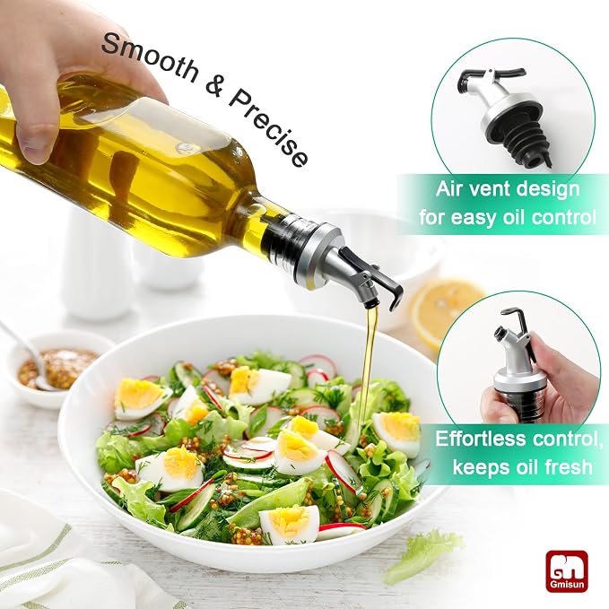 gmisun Olive Oil Dispenser for Kitchen 8 Pack, Glass Oil Dispenser Bottle 17oz, Cooking Soy Sauce Bottle Container Cruet with Plastic Pourer Spout, Funnel and Labels, Clear