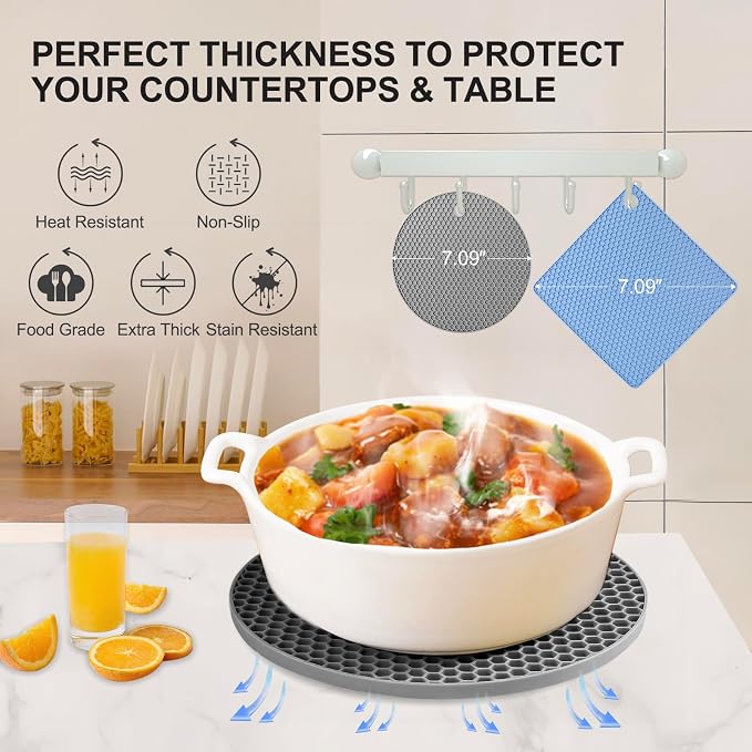 4 PCS Heat Resistant Silicone Trivet Mat for Hot Dishes, Hot Pots and Pans | Multipurpose Non-Slip Hot Pads Pot Holders for Kitchen Countertops Table, Food Grade Silicone & BPA Free, Blue/Grey