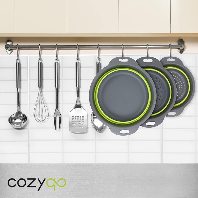 Colanders & Food Strainers with Bowl [Collapsible 3 piece Set Green] Kitchen Essentials for Draining Pasta, Washing Fruits and Vegetables, 7.9'' x 3.3'', 9.4'' x 3.5'', 11.4'' x 3.5'' (A101)