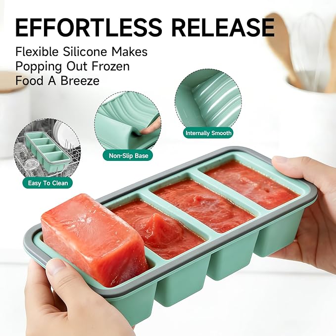 Tvmania 2-Pack Silicone Freezer Tray with Lid - 1 Cup / 4 Compartment Soup Freezer Container for Broth, Sauce & Meal Prep - Large Ice Cube Tray for Whiskey - Stackable, Easy Release, Oven Safe