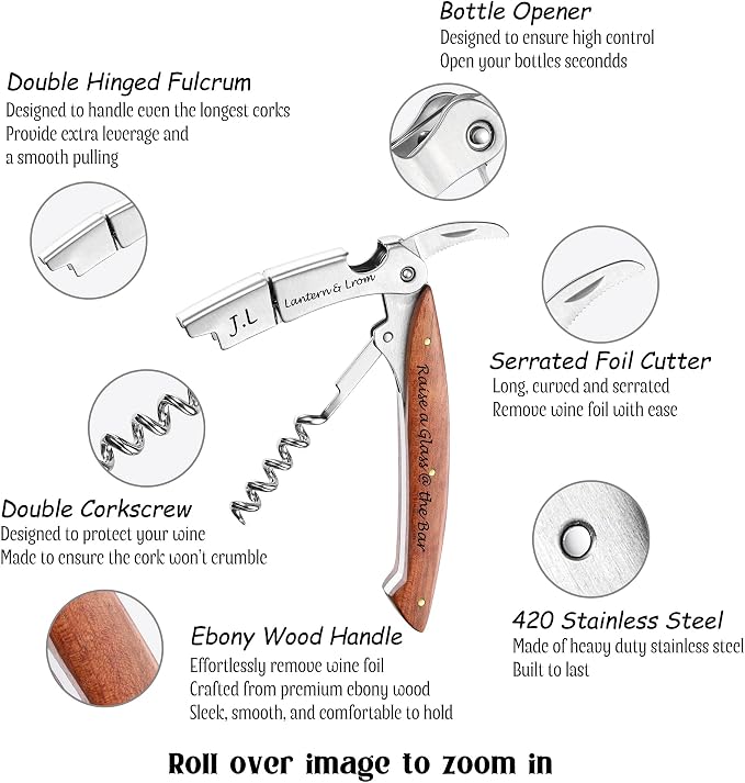Fanery Sue Personalized Wine Opener - Custom Engraved Professional Corkscrews for Wine Bottles w/Foil Cutter and Cap Remover - Manual Wine Key