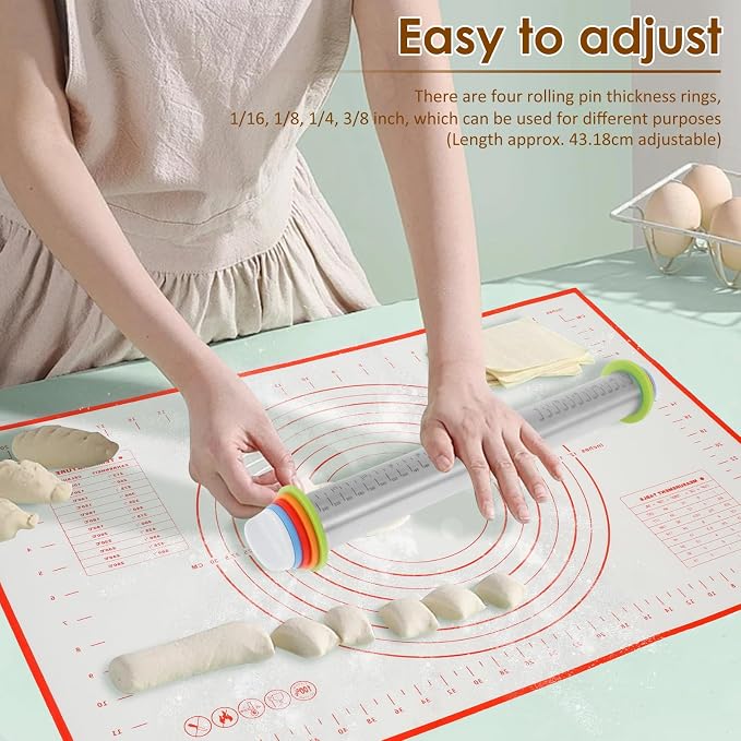 Rolling Pin and Silicone Baking Pastry Mat Set Stainless Steel Dough Roller with Adjustable Thickness Rings Nonstick Dough Roller Pin for Fondant Pizza Pie Cookies (1PC)