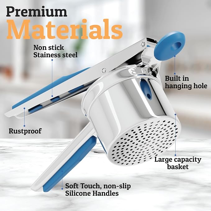PriorityChef Large 15oz Potato Ricer With 3 Discs, Heavy Duty Stainless Steel Potato Ricer for Mashed Potatoes, Potato Masher, Press and Ricer Kitchen Tool, Blue