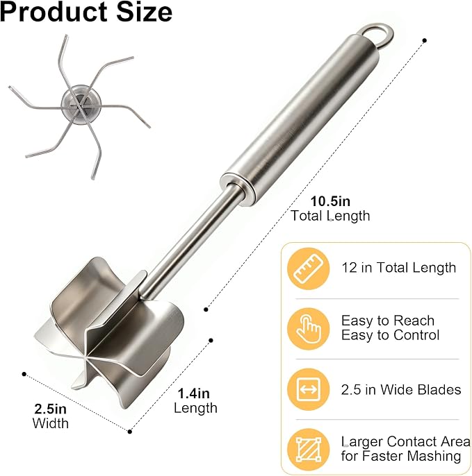 304 Stainless Steel Meat Chopper & Potato Masher, 6 Blade | Ground Beef Smasher for Hamburger, Heavy Duty Kitchen Tool for Chicken, Vegetables, Mixing and Mashing, Food Grade Utensil