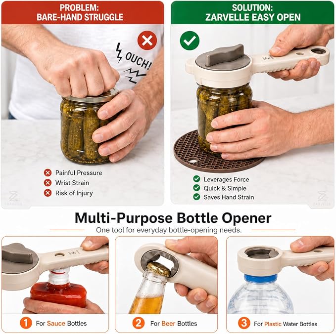 Jar Opener for Seniors with Arthritis & Weak Hands, 4-in-1 Adjustable Lid & Bottle Opener Set with Non-Slip Silicone Grip Pad & Stainless Steel Hook, Easy Twist Kitchen Gadget for Elderly (Beige)