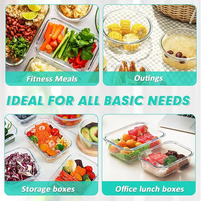 VERONES 12 Packs Glass Food Storage Containers Set with Lids, Green | Airtight Glass Lunch Containers, Glass Meal Prep Containers with Lids, for Microwave, Oven, Freezer & Dishwasher Friendly